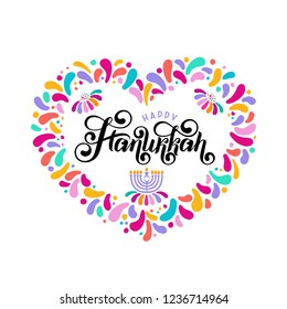 Vector lettering hand written text Hanukkah, candle. Jewish Festival of Lights celebration, festive heart frame, border, menorah symbol, David Star. Happy Hanukkah holiday greeting card template