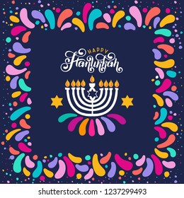 Vector lettering hand written text Hanukkah, candle isolated. Jewish Festival of Lights celebration, festive frame, border, menorah symbol, David Star. Happy Hanukkah holiday greeting card template
