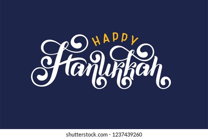 Vector lettering hand written text Hanukkah blue, white isolated. Jewish Festival of Lights celebration, festive lettering quote. Happy Hanukkah holiday greeting card template. Inscription logo design