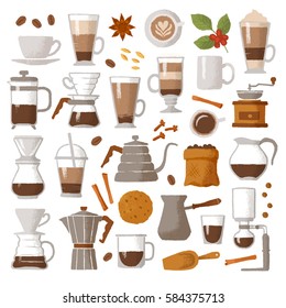 Vector lettering. Hand-drawn graphic illustration for coffee shop, market, cafe design, restaurant menu, recipes. Coffee types, classic and alternative brewing methods, device, spices, food and drinks