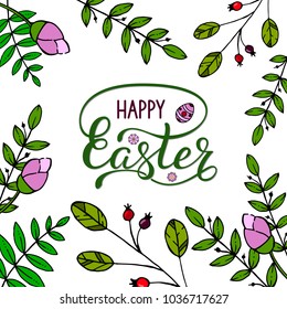 Vector lettering handwritten phrase Happy Easter. Brush lettering design with elements. Vector easter illustratoin for give card, greeting card, banner, invitation, poster, flyer, tag. EPS 10.