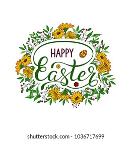 Vector lettering handwritten phrase Happy Easter. Brush lettering design with elements. Vector easter illustratoin for give card, greeting card, banner, invitation, poster, flyer, tag. EPS 10.