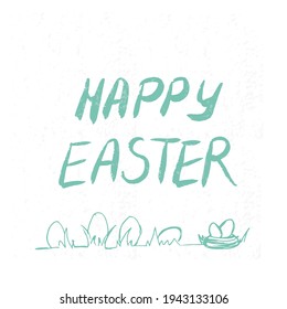 Vector lettering. Happy easter. Blue text with texture on white background. EPS 10. Print and web holiday design.