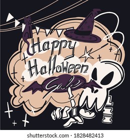 vector lettering happy halloween with cartoon skeleton