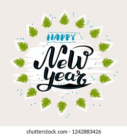 Vector lettering Happy New Year hand sketched, Christmas greeting card