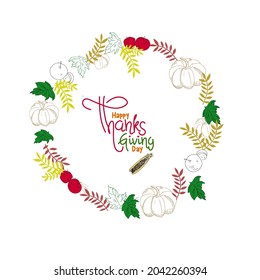 vector lettering happy thanksgiving, vegetables in a circle
