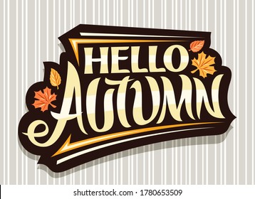 Vector lettering Hello Autumn, black logo with curly calligraphic font, autumn leaves and decorative stripes, greeting card with swirly unique lettering hello autumn on grey abstract background.