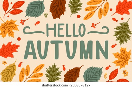 Vector lettering hello autumn with leaves for typography, design, sale