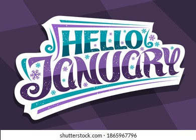 Vector lettering Hello January, cut paper badge with curly calligraphic font, decorative art flourishes and snow flakes, concept with swirly hand written lettering hello january on abstract background