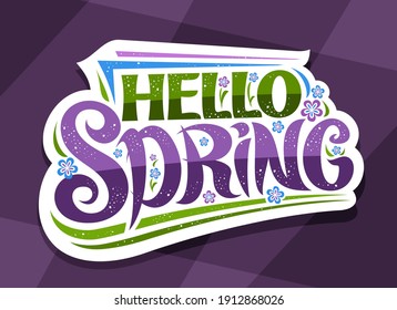 Vector lettering Hello Spring, white badge with unique curly calligraphic font, decorative flourishes, illustration of spring flowers, greeting card with swirly handwritten lettering hello spring.