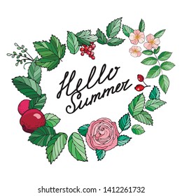 vector lettering Hello Summer with flowers and fruits