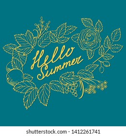 vector lettering Hello Summer with flowers and fruits