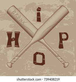vector lettering hip hop on beige grunge background. two crossed baseball bats letters with twine. for t-shirts, poster, flyer, ticket posters, and other