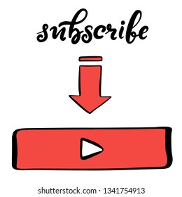 Vector lettering icon for internet page. Template with elements for social media, web mobile apps, sticker. Blogging content subscribe notification red button with arrow. EPS10