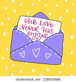Vector lettering illustration. 1990 retro style. Envelope, paper letter with groovy slogan of Our love never has ending. Valentine's Day card. Print for graphic tee, poster, sticker, banner, t shirt.