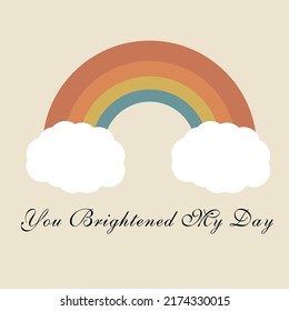 Vector lettering illustration. 70s retro style. Send me you brightened my day slogan for graphic tee shirt. Icon of rainbow with daisy. Print to poster, sticker, banner, flyer, badge, advertising