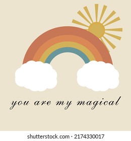 Vector lettering illustration. 70s retro style. Send me you are my magical slogan for graphic tee shirt. Icon of rainbow with daisy. Print to poster, sticker, banner, flyer, badge, advertising