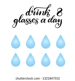 Vector lettering illustration about water balance. Eps10. Drink eight glasses of water a day awareness. Health life style banner with blue water drops.