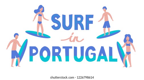 Vector lettering illustration. Banner of surfers with surfboards in Portugal