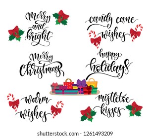 Vector lettering illustration. Christmas set with modern calligraphy greetings phrases. Flat cartoon style gifts,mistletoe and candy cane.