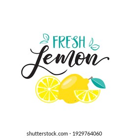 Vector lettering illustration of "Fresh Lemon".  Hand sketched lemon and leaves for posters, logos, labels, banners, stickers, product packaging design.