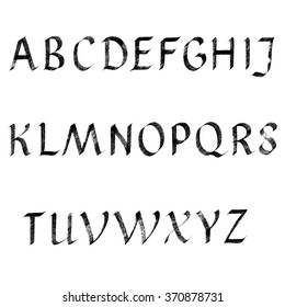 Vector lettering illustration. Ink calligraphy. Hand drawn textured capital letters (uppercase) isolated on white. Vintage font (Part 1). Alphabet. 