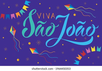 Vector lettering illustration of Long Live Saint John text in Portuguese for the Brazilian and Portuguese St. John's festival, for logotype, banner, magazine, poster, decoration, postcard. EPS 10. 