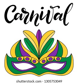 Vector lettering illustration for Mardi gras carnival poster, brochure, logo, greeting card, party invitation with fat tuesday mask with feathers in purple, gold, yellow, green colors. eps10