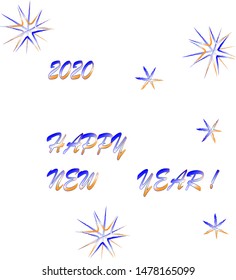 Vector lettering illustration. New Year postcard with modern calligraphy text Happy New Year 2020 with shining stars isolated on white background.