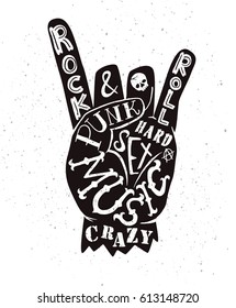 Vector lettering illustration - rock and roll sign. Punk, Music, Crazy, Sex, Hard, and Anarchy symbol. Hand drawn hipster creative typography poster, t-shirt, card.