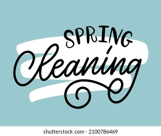 Vector lettering illustration of Spring cleaning on blue background. Concept for cleaning service, house work, domestic life. Design for poster, banner, blog, flyer, sticker, advertisement, promotion.