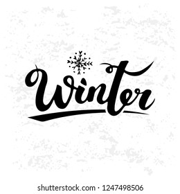 Vector lettering illustration winter, snowfall. White background with frozen texture. Postcard, poster, banner. EPS 10.