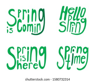A vector lettering is isolated on a white background with the text Spring is here. A collection of cute green retro hand drawn letters for spring time isolated on white background