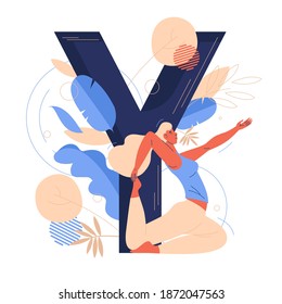 Vector lettering with large letter Y and young woman doing yoga. Decorated with leaves and shapes concept sport illustration