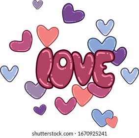Vector lettering love with with colorful hearts. Vector blank, clipart for textiles, fabrics, wallpapers, wrapping paper, napkins, phone cases, bags.