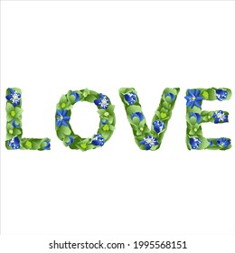 vector lettering Love, made in the form of flowers and leaves of liverwort in bright colors on a white background