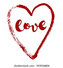 Vector lettering Love in red heart on white background. Isolated vector illustration. Handwritten modern calligraphy. Inscription for postcards, posters, prints, greeting cards, t-shirts.