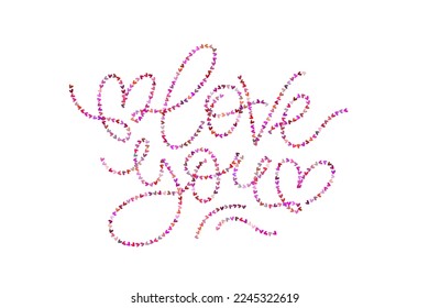 Vector lettering love you horizontal card. Love you words made of tiny drawn hearts magenta shades. Valentine's day greeting template.