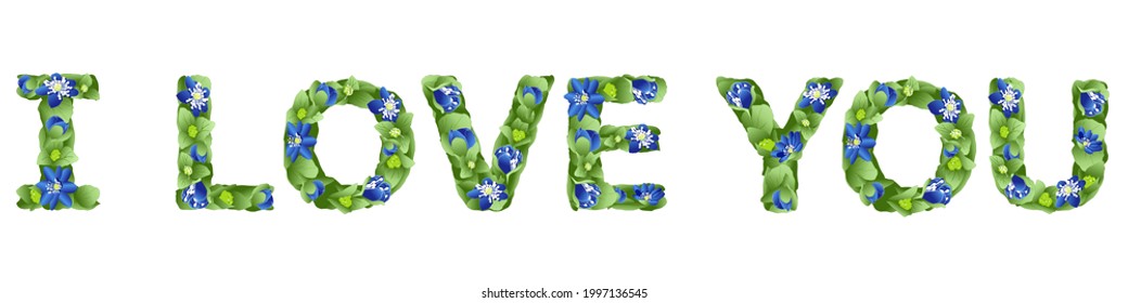 grabado vectorial te amo, hecho en forma de flores y hojas de hilo de hígado en colores brillantes sobre un fondo blanco