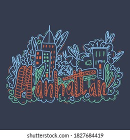 Vector lettering of Manhattan new York USA. Flat hand-drawn illustration on a dark background in cartoon style. Attractions in the United States States, cities, districts, tourist places clipart hand