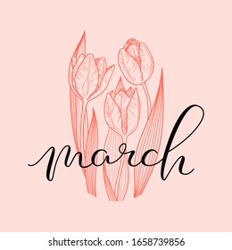 vector lettering march with tulips