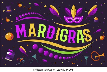 Vektorgrafik für den Karneval von Mardi Gras, Grillschrift mit attraktivem Doodle-Vektor, elegantes Logo mit Grußmotiv und Punkten auf dunklem Hintergrund.