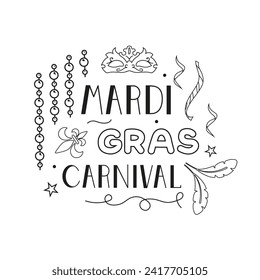 Vector lettering for the Mardi Gras carnival in the doodle style. Mardi Gras party design on a white background. Image of masks, beads, feathers and confetti for the holiday.