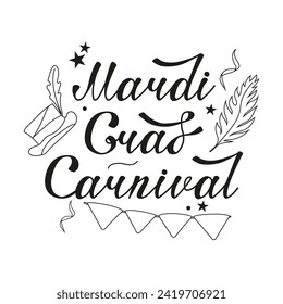 Vector lettering for the Mardi Gras carnival in the doodle style. Mardi Gras party design on a white background. Image of masks, checkboxes, feathers and hats for the holiday.