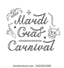 Vector lettering for the Mardi Gras carnival in the doodle style. Mardi Gras party design on a white background. Image of masks, beads, drum and hats for the holiday.