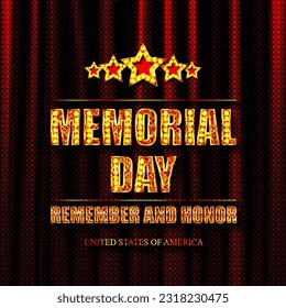 Vector lettering Memorial Day. Golden color. Honor and remember. Modern calligraphy. As template of label, icon, tag, banner background poster, card. Inscription for postcard, for journal, flyer.