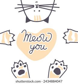 Letras vectoriales Miau con lindo gato, corazón y patas de impresión. Dibujo dibujo gatito maullar su cartel de eslogan. Ilustración de vector