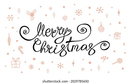 Vector lettering Merry Christmas and cute doodles. Handwritten element, isolated on white background.