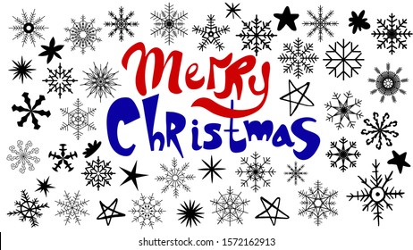 Vector lettering of "Merry Christmas" surrounded by a large collection of geometric straight snowflakes and hand-drawn in a doodle doodle Christmas decor: snowflakes and stars.