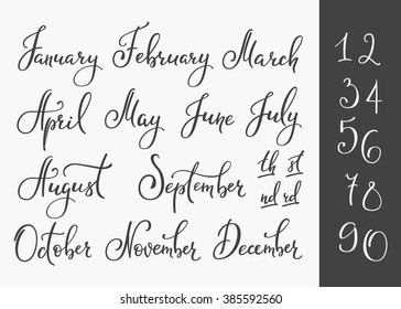 Vector Lettering months names set. Cute agenda calendar typography. Calligraphy postcard poster flyer advertising photo graphic design element. Hand written sign. Photography overlay. Date generator.